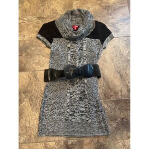 2000s Y2K‎ Bongo Sweater Dress Black Gray Cowl Neck Short Sleeve Belted M EUC